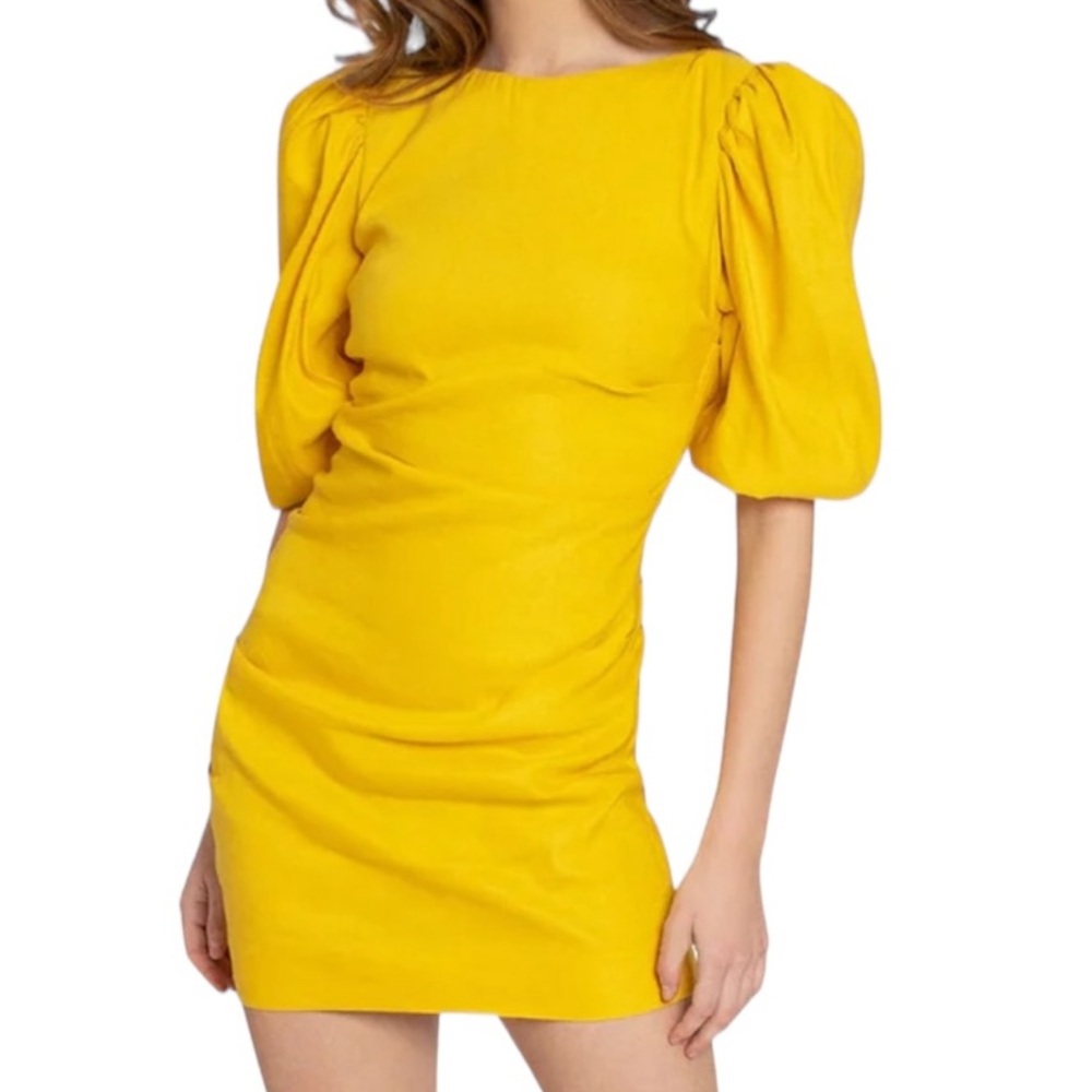 Nicole Miller Yellow Stretch Puff Sleeve Lauren Original Sample Dress XS…